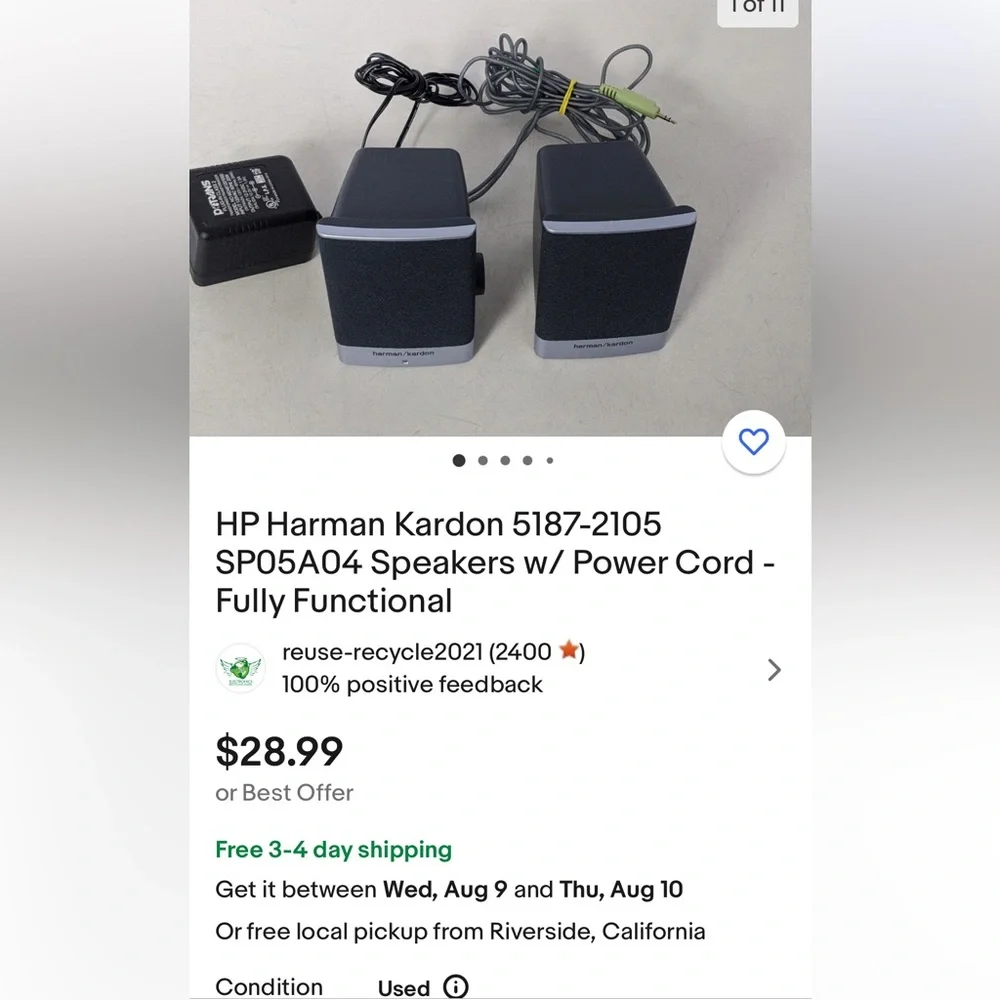 Harman Kardon Speakers HP 5187-2105 DC 12V 1A Wired 1.5mm Plug for computer